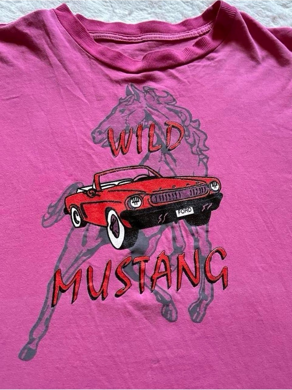Vintage 1990s Ford Mustang Pink Tee with Red Mustang Graphic XL - Picture 3 of 7